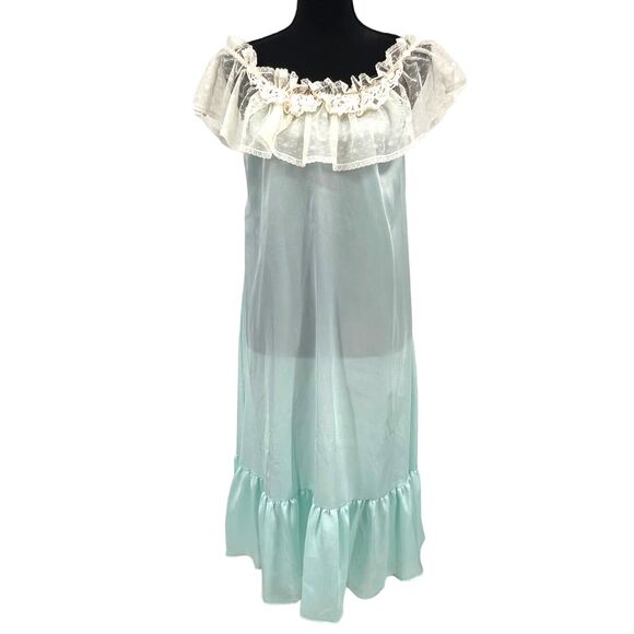 Vintage Lily Of France Ivory Crochet Lace Trim Blue Satin‎ Polyester Nightgown - Picture 1 of 8
